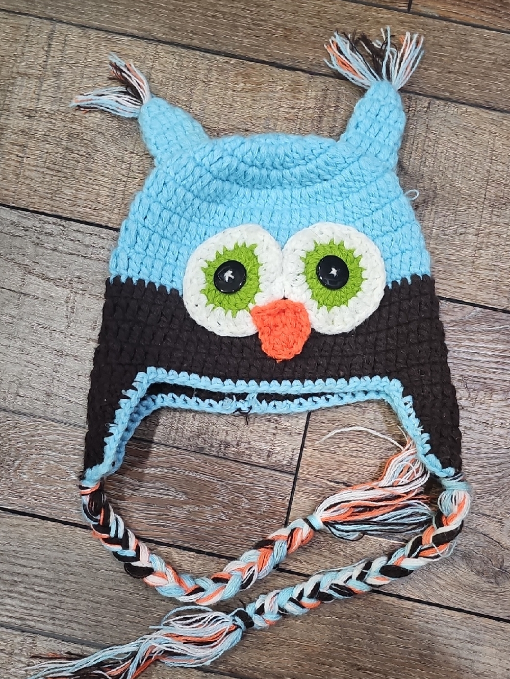 Crochet Blue & Brown Owl Earflap Hat for Toddler